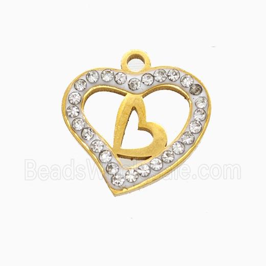 Stainless Steel Heart Pendant Pave Rhinestone Gold Plated