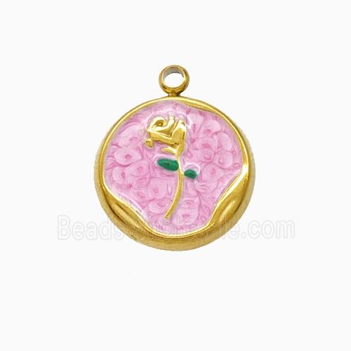 Stainless Steel Flower Pendant Pink Painted Gold Plated