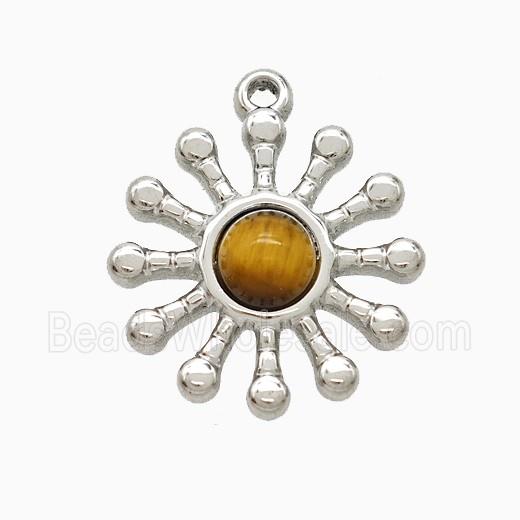 Raw Stainless Steel Flower Pendant Pave Tigereye