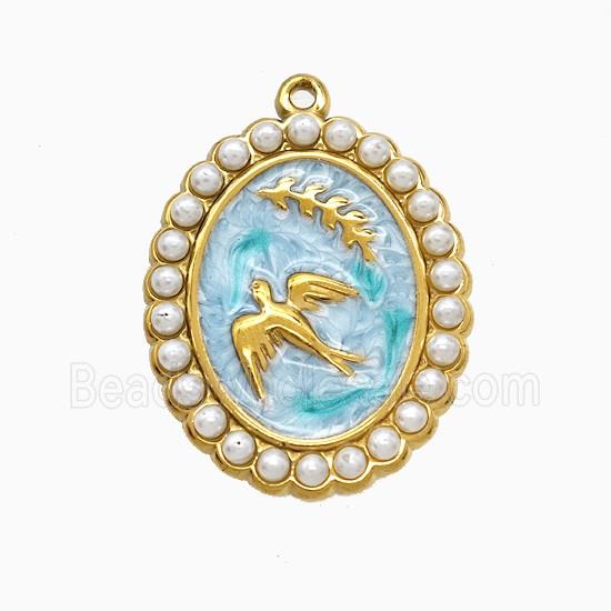 Stainless Steel Bireds Pendant Pave Resin Teal Painted Leaf Gold Plated
