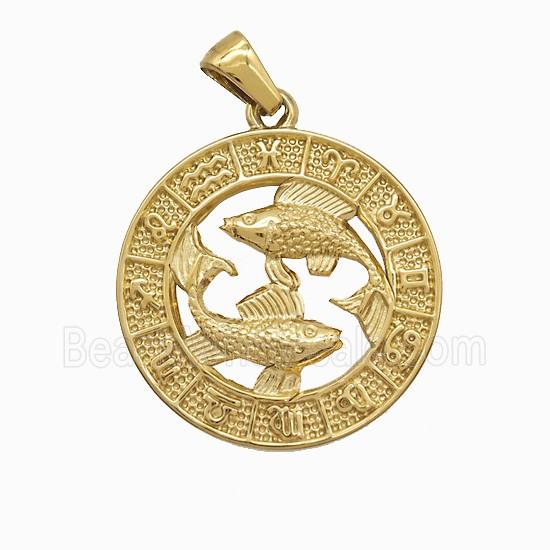 Stainless Steel Symbols Pendant Zodiac Pisces Circle Gold Plated