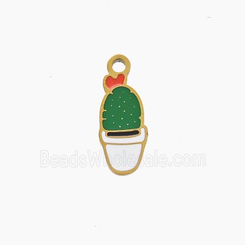 Stainless Steel Cactus Pendant Green Enamel Gold Plated