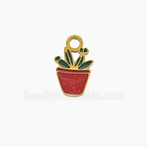 Stainless Steel Plant Pendant Red Green Enamel Flower Gold Plated