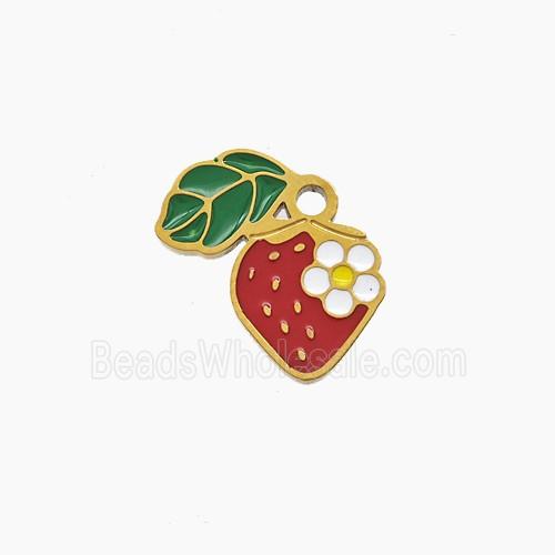 Stainless Steel Strawberry Pendant Green Red Enamel Gold Plated