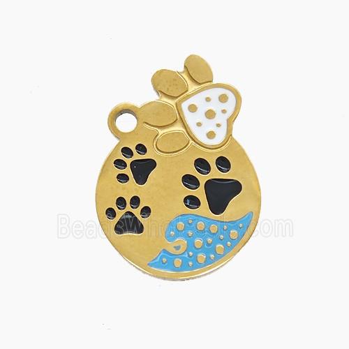 Stainless Steel Paws Pendant Black White Enamel Gold Plated