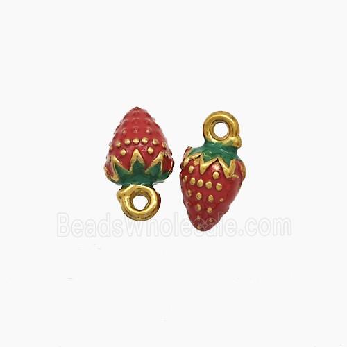 Stainless Steel Strawberry Pendant Red Enamel Gold Plated