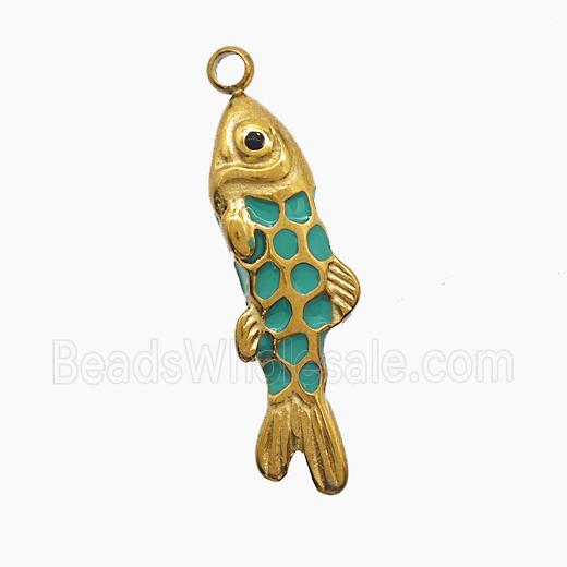 Stainless Steel Fish Pendant Green Enamel Gold Plated