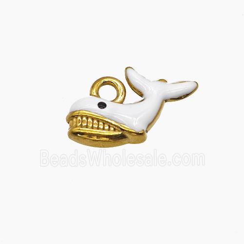 Stainless Steel Shark Pendant White Enamel Gold Plated