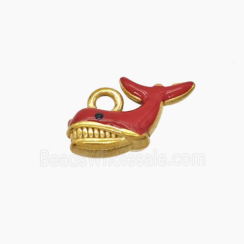 Stainless Steel Shark Pendant Red Enamel Gold Plated