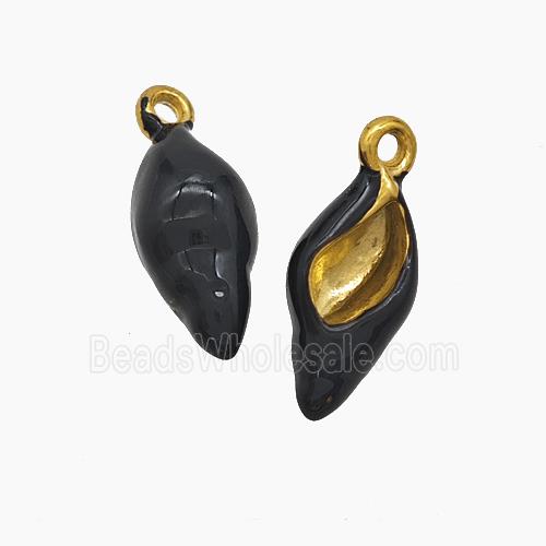 Stainless Steel Conch Shell Pendant Black Enamel Gold Plated