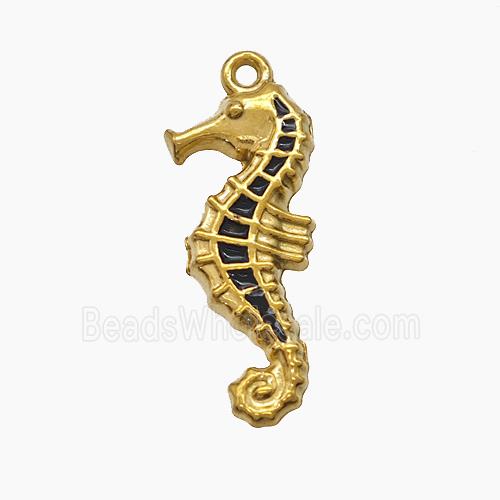 Stainless Steel Seahorse Pendant Black Enamel Gold Plated