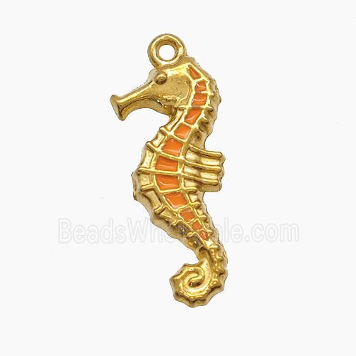 Stainless Steel Seahorse Pendant Orange Enamel Gold Plated