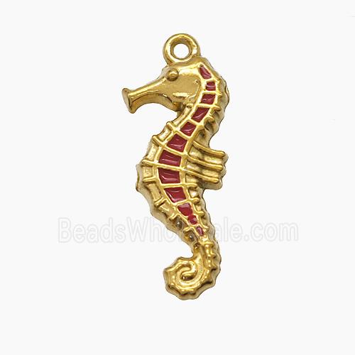 Stainless Steel Seahorse Pendant Red Enamel Gold Plated