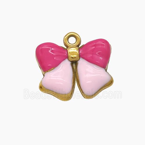 Stainless Steel Bowknot Pendant Pink Enamel Gold Plated