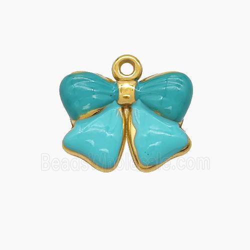 Stainless Steel Bowknot Pendant Green Enamel Gold Plated