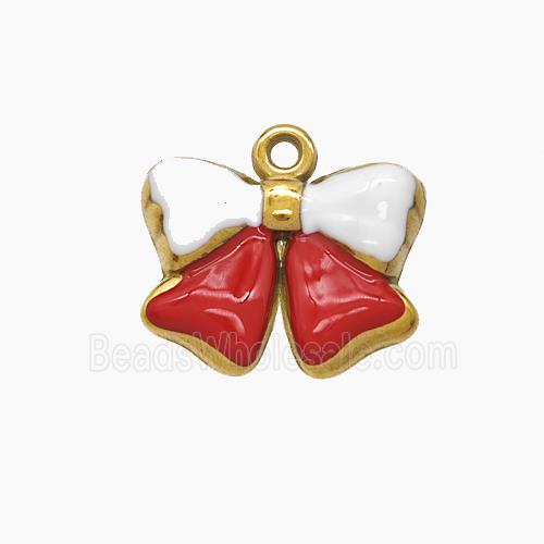 Stainless Steel Bowknot Pendant White Red Enamel Gold Plated