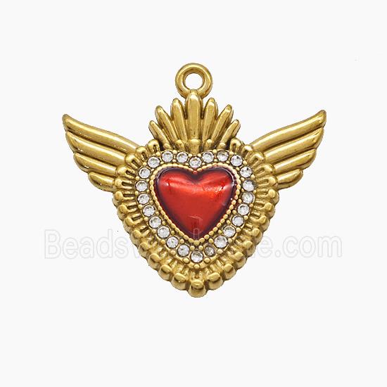 Stainless Steel Heart Pendant Pave Rhinestone Red Painted Angel Wings Gold Plated