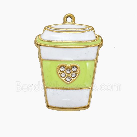 Stainless Steel Cup Pendant Pave Rhinestone Green Enamel Gold Plated