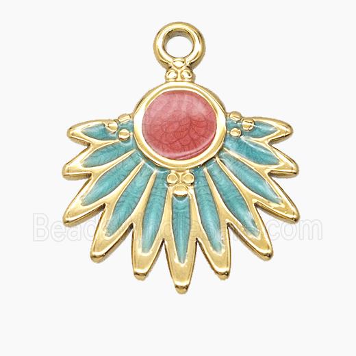 Stainless Steel Sunray Pendant Red Green Enamel Gold Plated