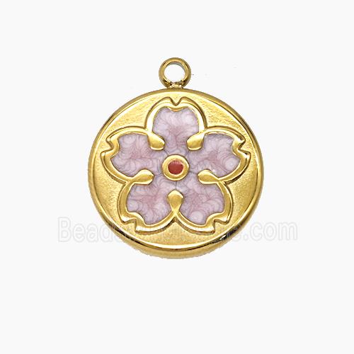 Stainless Steel Flower Pendant Pink Enamel Gold Plated