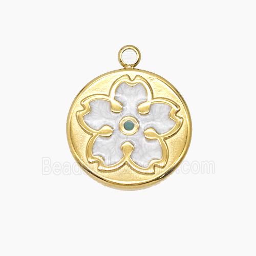 Stainless Steel Flower Pendant White Enamel Gold Plated