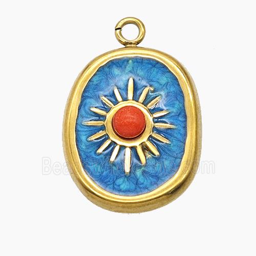 Stainless Steel Sun Pendant Pave Resin Blue Enamel Gold Plated