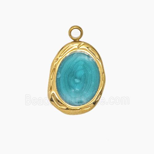 Stainless Steel Oval Pendant Green Enamel Gold Plated