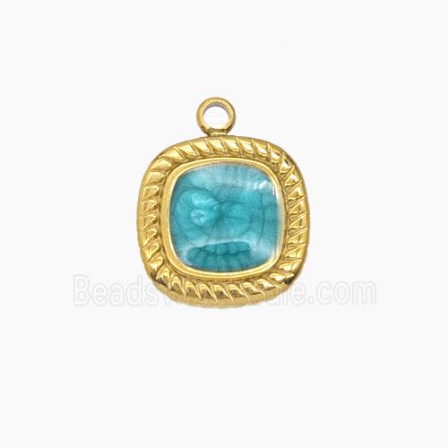 Stainless Steel Square Pendant Green Enamel Gold Plated