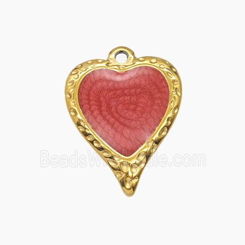 Stainless Steel Heart Pendant Red Enamel Gold Plated