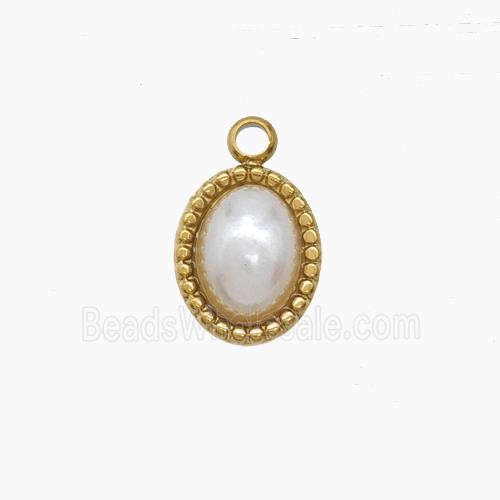 Stainless Steel Oval Pendant Pave Pearlized Resin Gold Plated