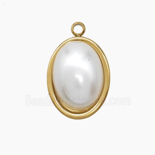 Stainless Steel Oval Pendant Pave Pearlized Resin Gold Plated