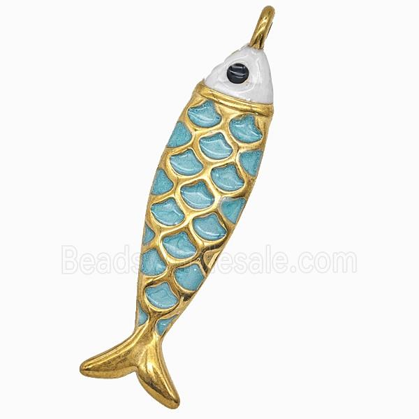 Stainless Steel Fish Pendant Teal Painted Gold Plated