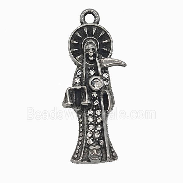 Gothic Grim Reaper Death Charms 304 Stainless Steel Pendant Pave Rhinestone Antique Silver
