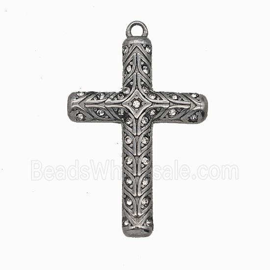 304 Stainless Steel Cross Pendant Pave Rhinestone Antique Silver