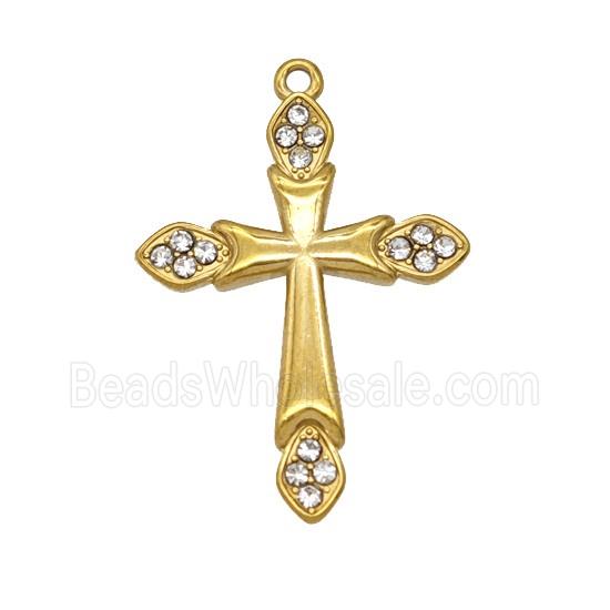 Stainless Steel Cross Pendant Pave Rhinestone Gold Plated