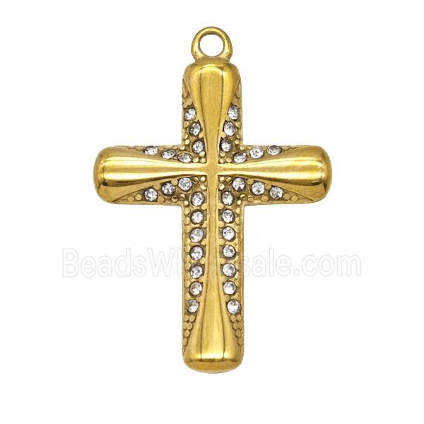 Stainless Steel Cross Pendant Pave Rhinestone Gold Plated