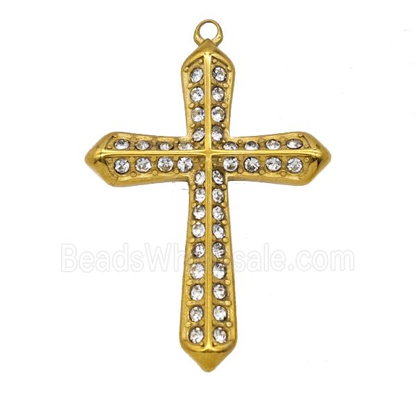 Stainless Steel Cross Pendant Pave Rhinestone Gold Plated
