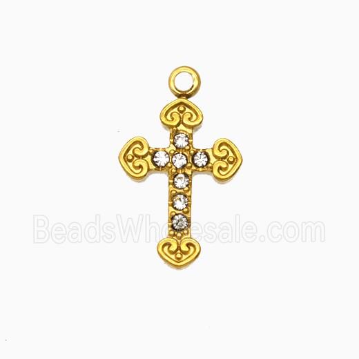 Stainless Steel Cross Pendant Pave Rhinestone Gold Plated