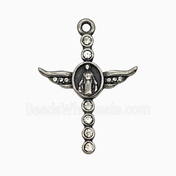 Stainless Steel Cross Pendant Pave Rhinestone Virgin Mary Antique Silver