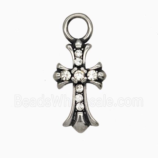 Stainless Steel Cross Pendant Pave Rhinestone Antique Silver