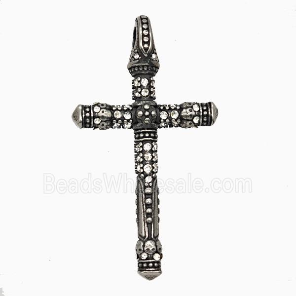 Stainless Steel Cross Pendant Pave Rhinestone Antique Silver