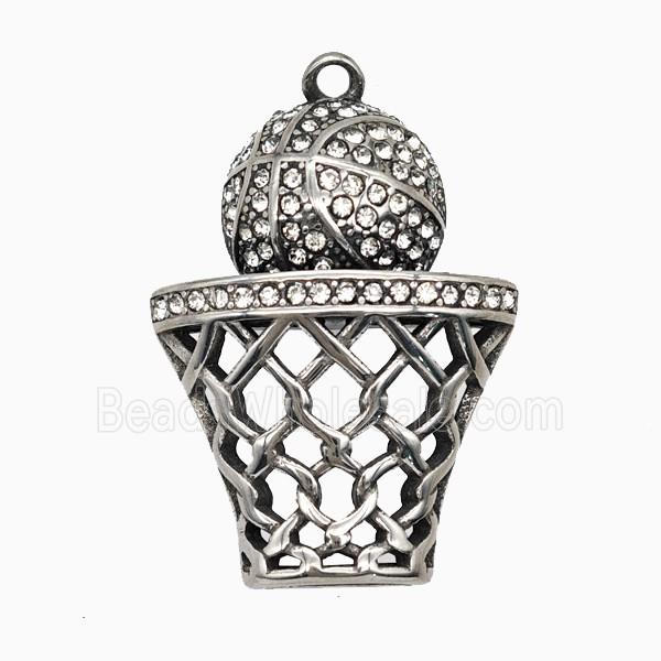 Stainless Steel Basketball Pendant Pave Rhinestone Hoop Sports Antique Silver