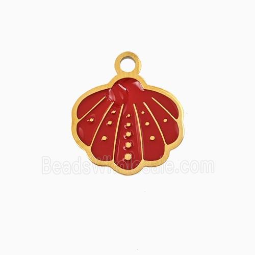 Stainless Steel Scallop Shell Pendant Red Enamel Gold Plated