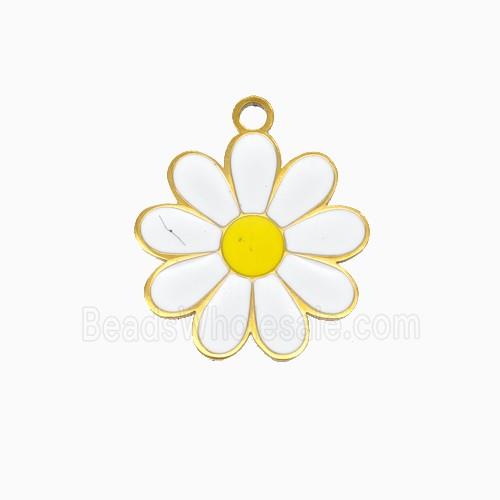Stainless Steel Daisy Flower Pendant White Enamel Gold Plated
