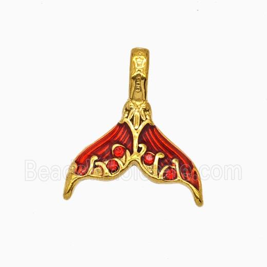 Stainless Steel Mermaid-Tail Pendant Pave Rhinestone Red Painted Gold Plated