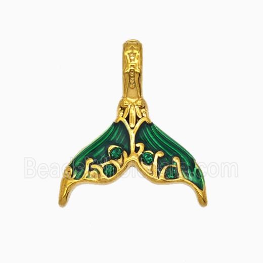 Stainless Steel Mermaid-Tail Pendant Pave Rhinestone Green Painted Gold Plated