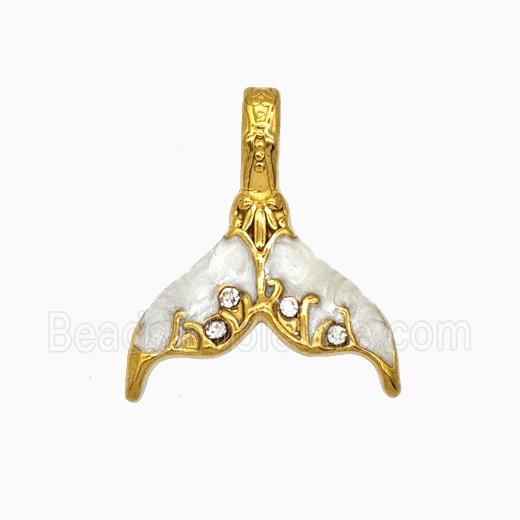 Stainless Steel Mermaid-Tail Pendant Pave Rhinestone White Painted Gold Plated