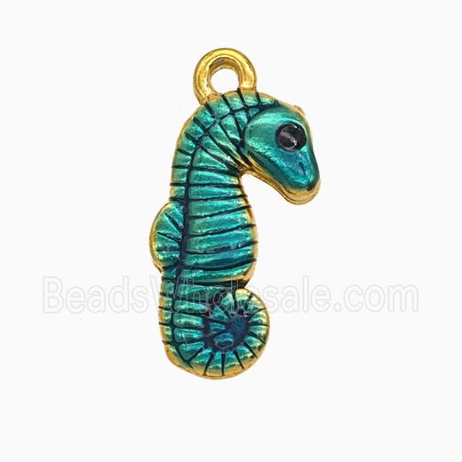 Stainless Steel Seahorse Pendant Teal Painted Gold Plated