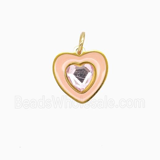Stainless Steel Heart Pendant Pave Rhinestone Pink Enamel Gold Plated