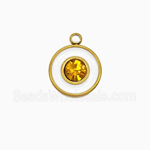 Stainless Steel Sun Pendant Pave Rhinestone White Enamel Gold Plated